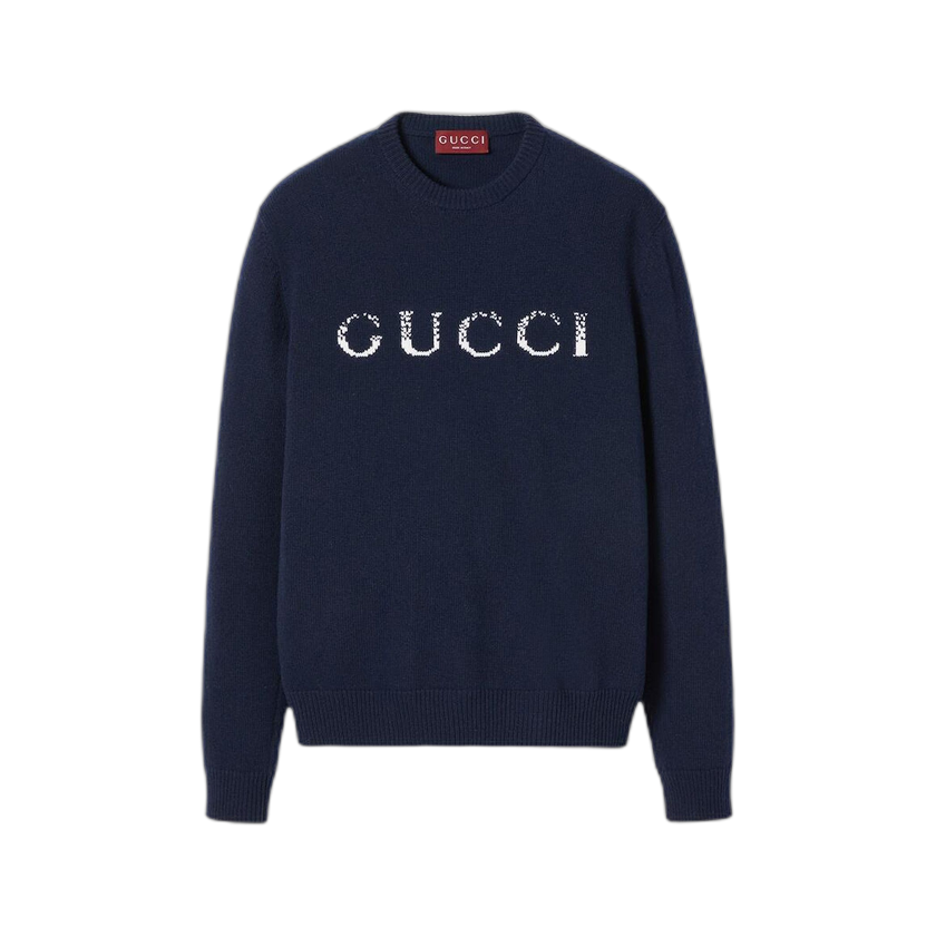 Gucci Logo Intarsia Crewneck Knit Sweater 'Ink/White'