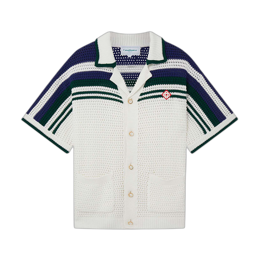 Casablanca Crochet Effect Tennis Shirt 'White/Green Stripe'